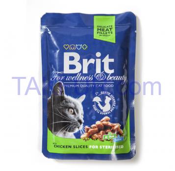 Влажный корм стерилиз кошек Brit Premium кусоч курицы 100г - Фото