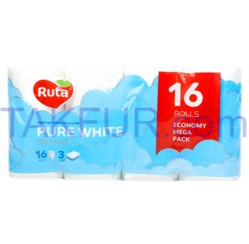 Бумага туалетная Ruta Pure white premium трехслойная 16шт - Фото