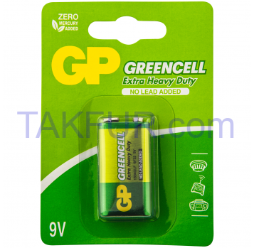 Батарейка GP Greencell 9.0V 6F22 1шт - Фото