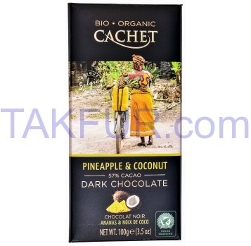 Шоколад Cachet Organic с кокосом и ананасом черный 100г - Фото