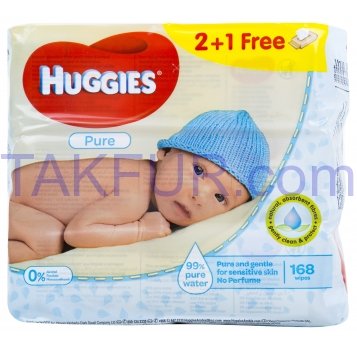 Салфетки влажные Huggies Pure детские 56шт*3уп 168шт - Фото